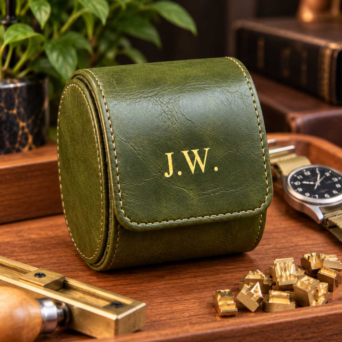 Personalized Green Watch Case, 1-Slot Travel Watch Holder, Custom Gold Foil, Gift for Him