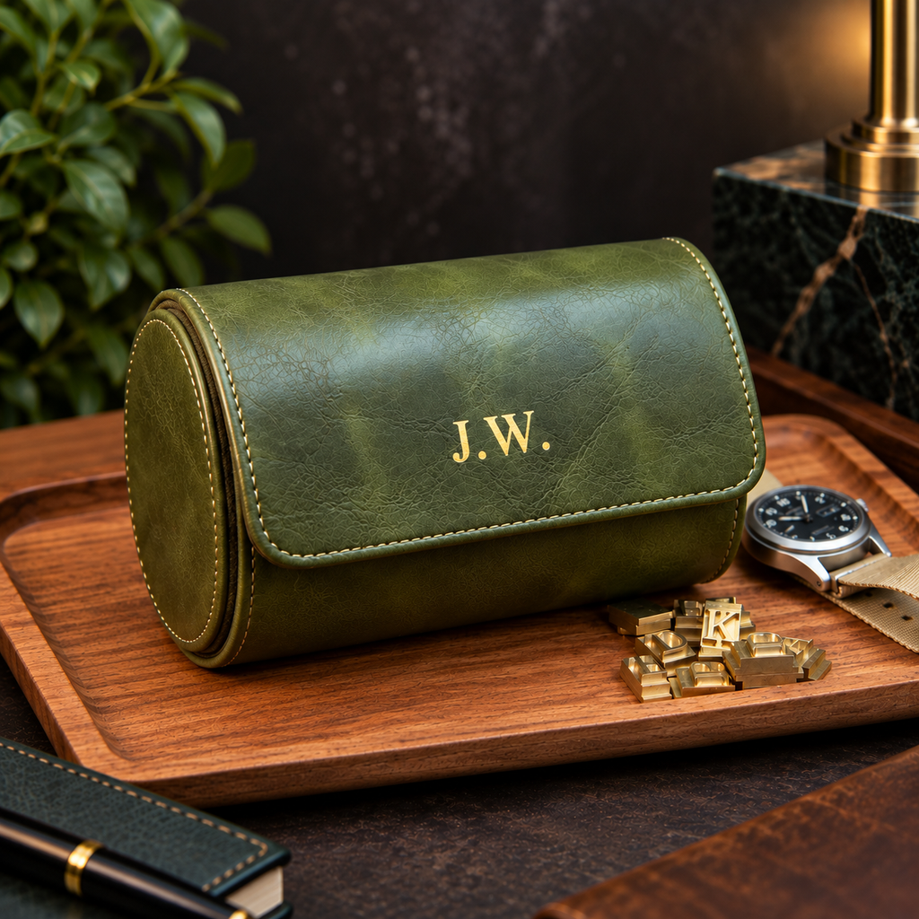Personalized Green Double Watch Case, 2-Slot Travel Watch Holder, Custom Gold Foil, Gift for Him