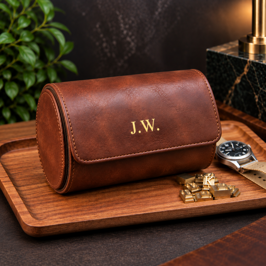 Personalized Reddish Brown Double Watch Case, 2-Slot Travel Watch Holder, Custom Gold Foil, Gift for Him