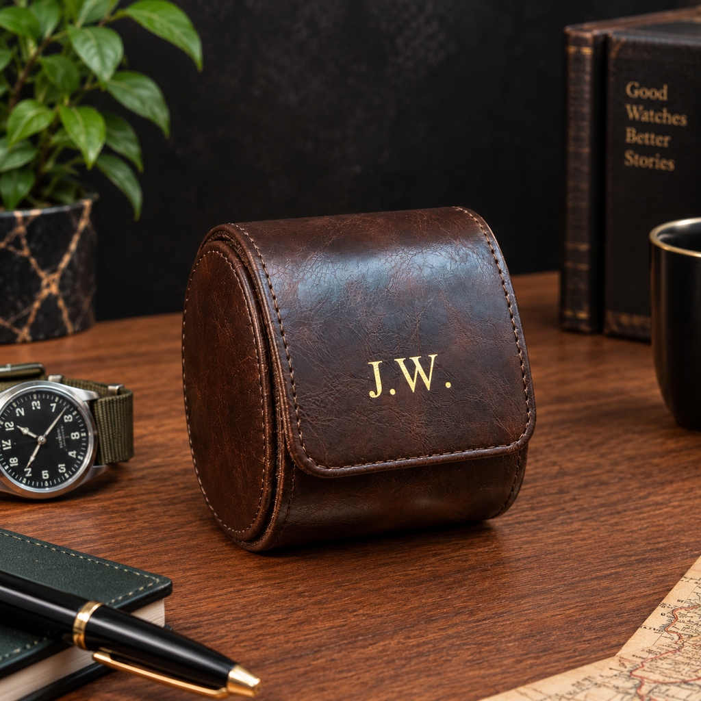 Personalized Brown Watch Case, 1-Slot Travel Watch Holder, Custom Gold Foil, Gift for Him