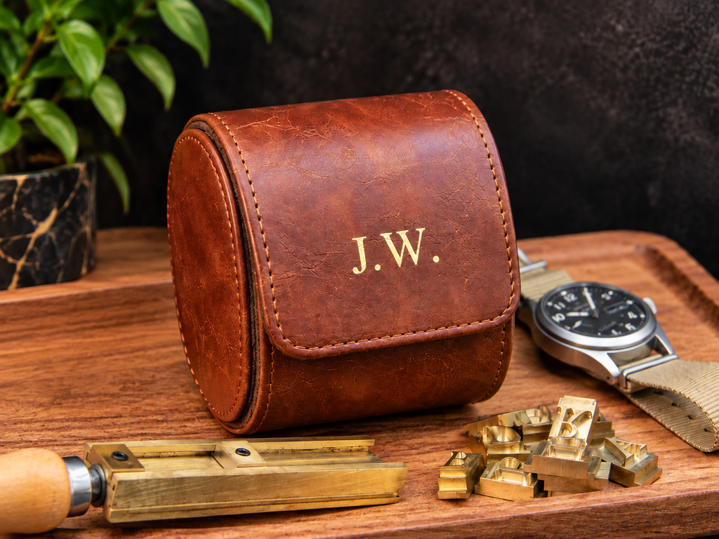 Personalized Reddish Brown Watch Case, 1-Slot Travel Watch Holder, Custom Gold Foil, Gift for Him