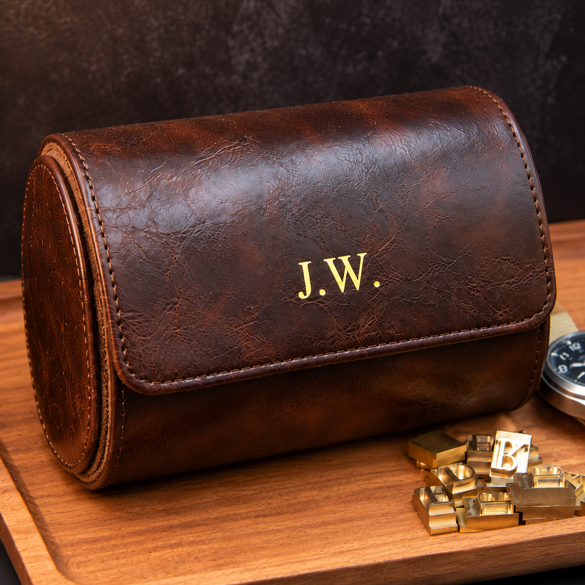 Personalized Brown Double Watch Case, 2-Slot Travel Watch Holder, Custom Gold Foil, Gift for Him