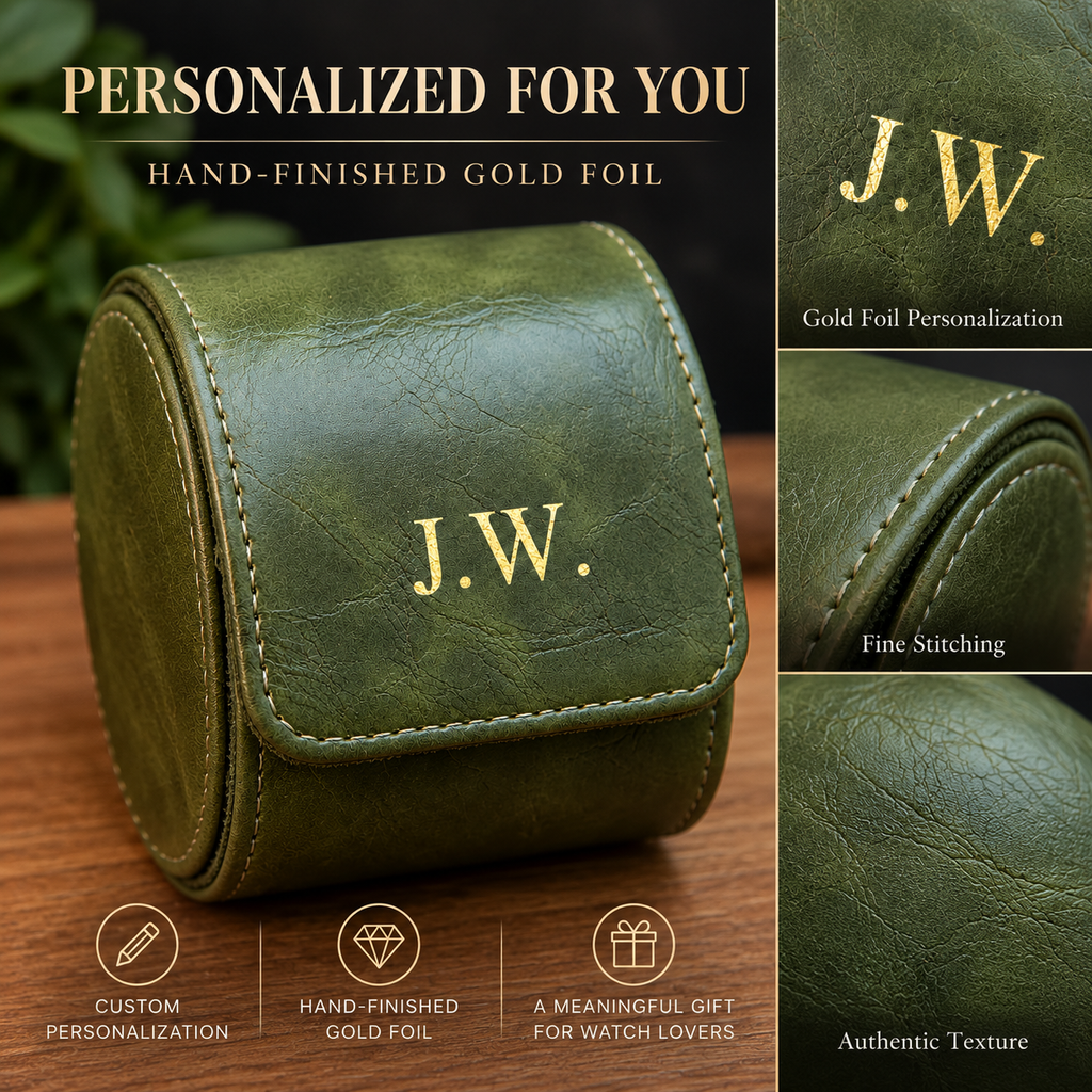 Personalized Green Watch Case, 1-Slot Travel Watch Holder, Custom Gold Foil, Gift for Him