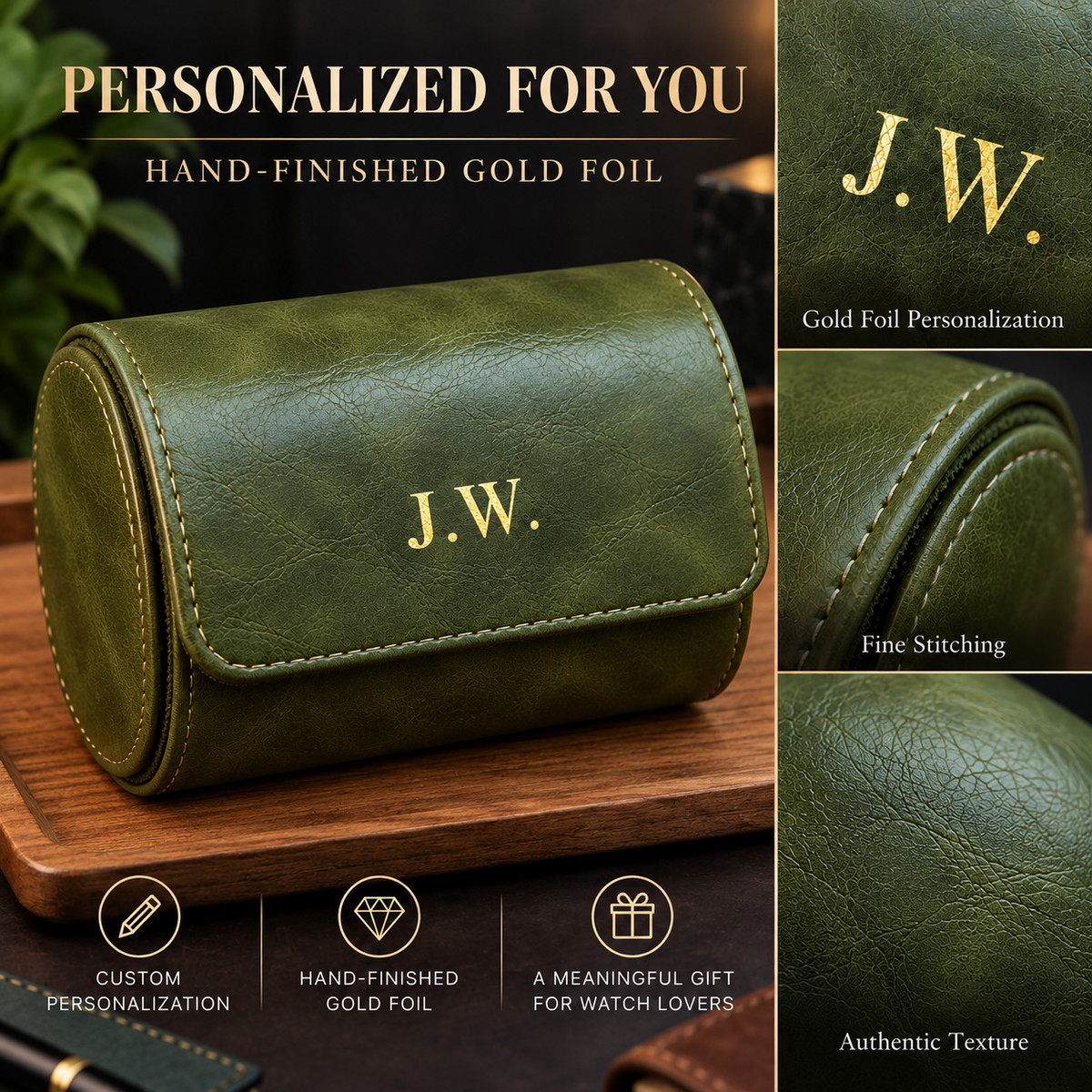 Personalized Green Double Watch Case, 2-Slot Travel Watch Holder, Custom Gold Foil, Gift for Him