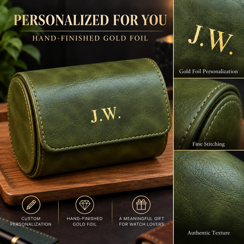 Personalized Green Double Watch Case, 2-Slot Travel Watch Holder, Custom Gold Foil, Gift for Him