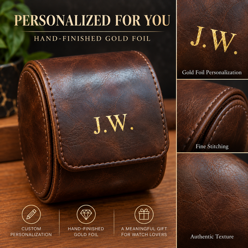 Personalized Brown Watch Case, 1-Slot Travel Watch Holder, Custom Gold Foil, Gift for Him