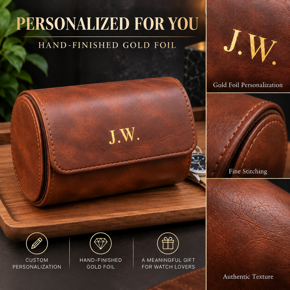 Personalized Reddish Brown Double Watch Case, 2-Slot Travel Watch Holder, Custom Gold Foil, Gift for Him