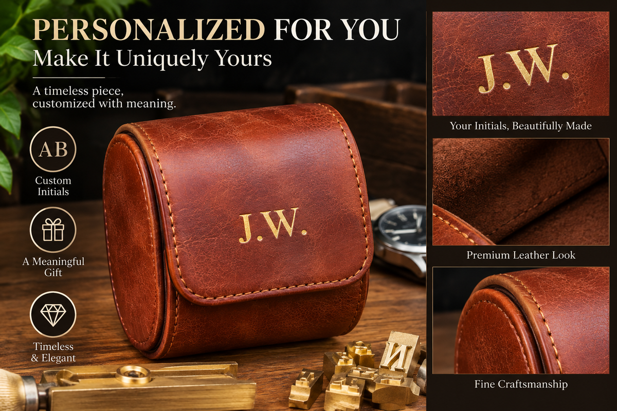 Personalized Reddish Brown Watch Case, 1-Slot Travel Watch Holder, Custom Gold Foil, Gift for Him