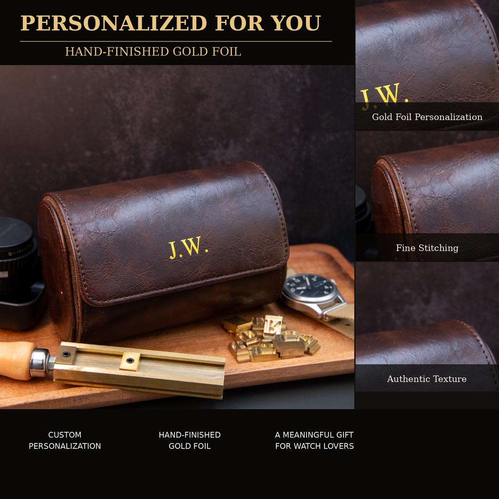 Personalized Brown Double Watch Case, 2-Slot Travel Watch Holder, Custom Gold Foil, Gift for Him