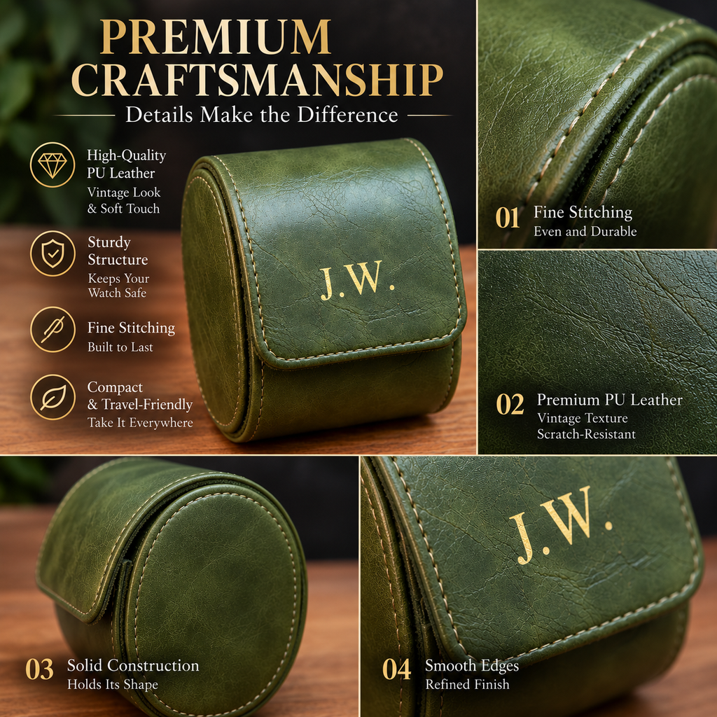 Personalized Green Watch Case, 1-Slot Travel Watch Holder, Custom Gold Foil, Gift for Him