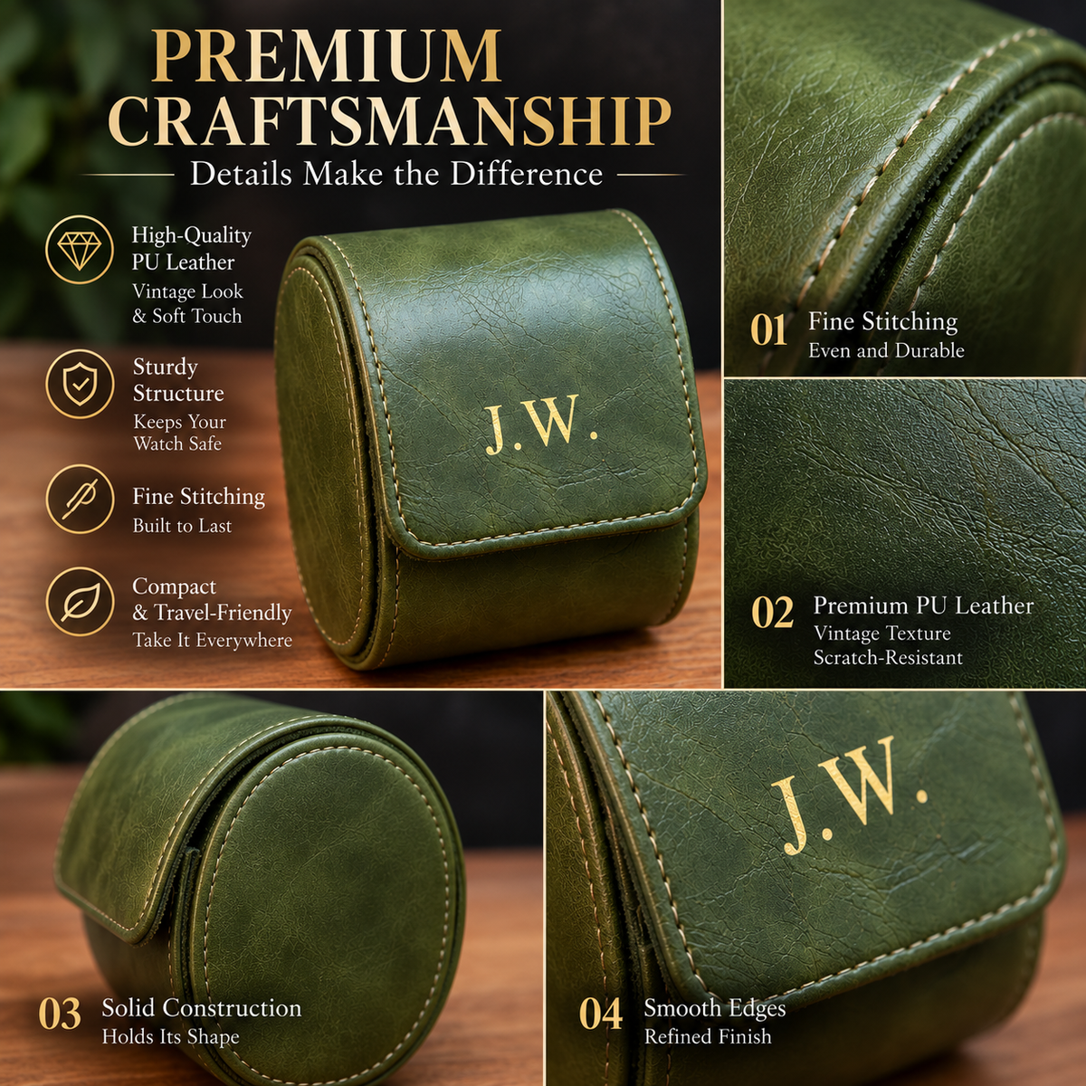 Personalized Green Watch Case, 1-Slot Travel Watch Holder, Custom Gold Foil, Gift for Him