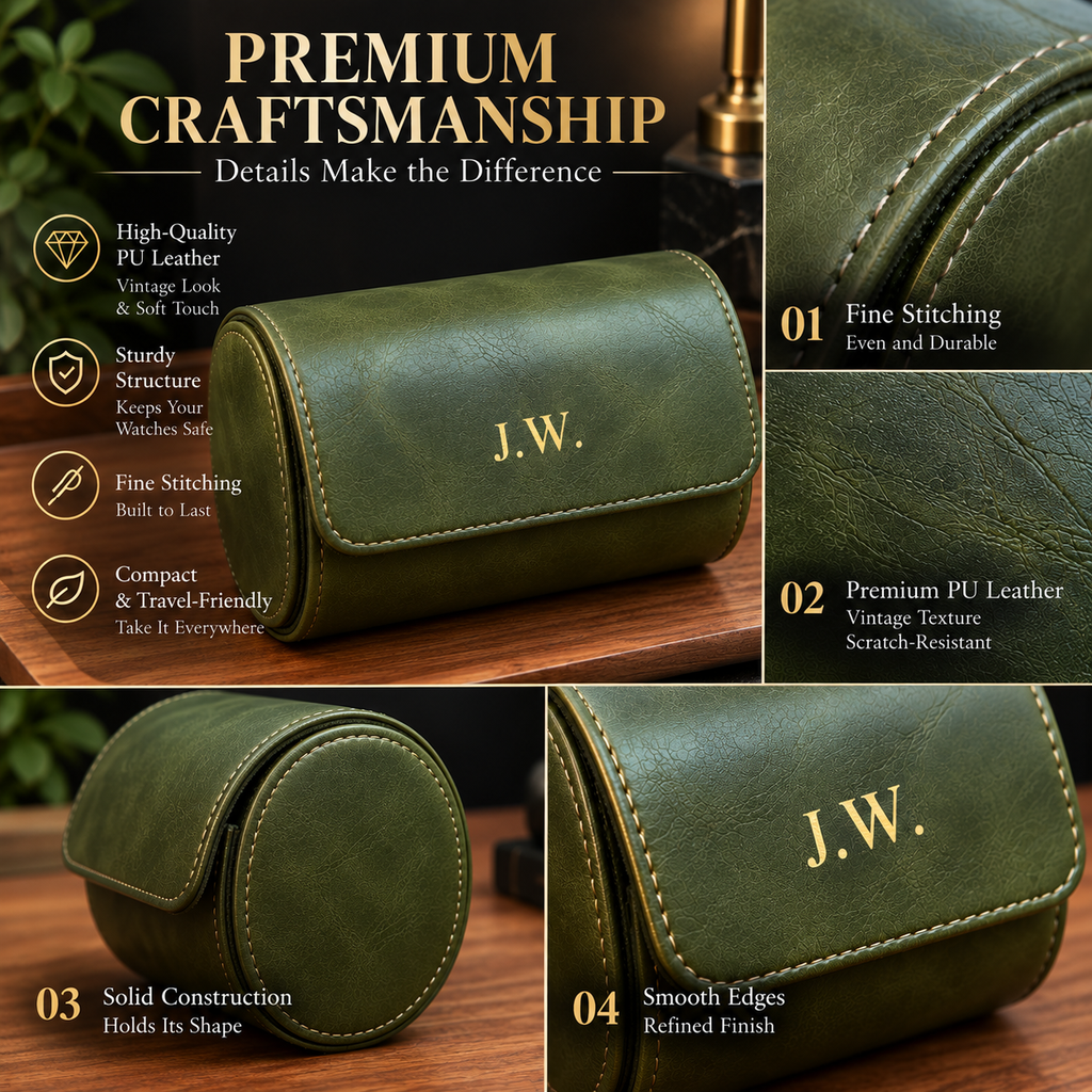 Personalized Green Double Watch Case, 2-Slot Travel Watch Holder, Custom Gold Foil, Gift for Him