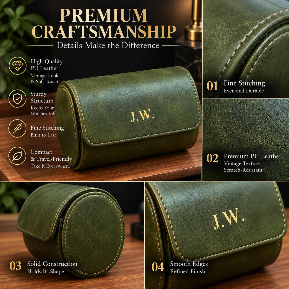 Personalized Green Double Watch Case, 2-Slot Travel Watch Holder, Custom Gold Foil, Gift for Him