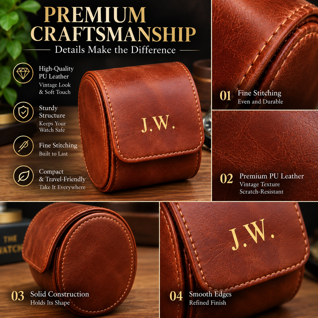 Personalized Reddish Brown Watch Case, 1-Slot Travel Watch Holder, Custom Gold Foil, Gift for Him