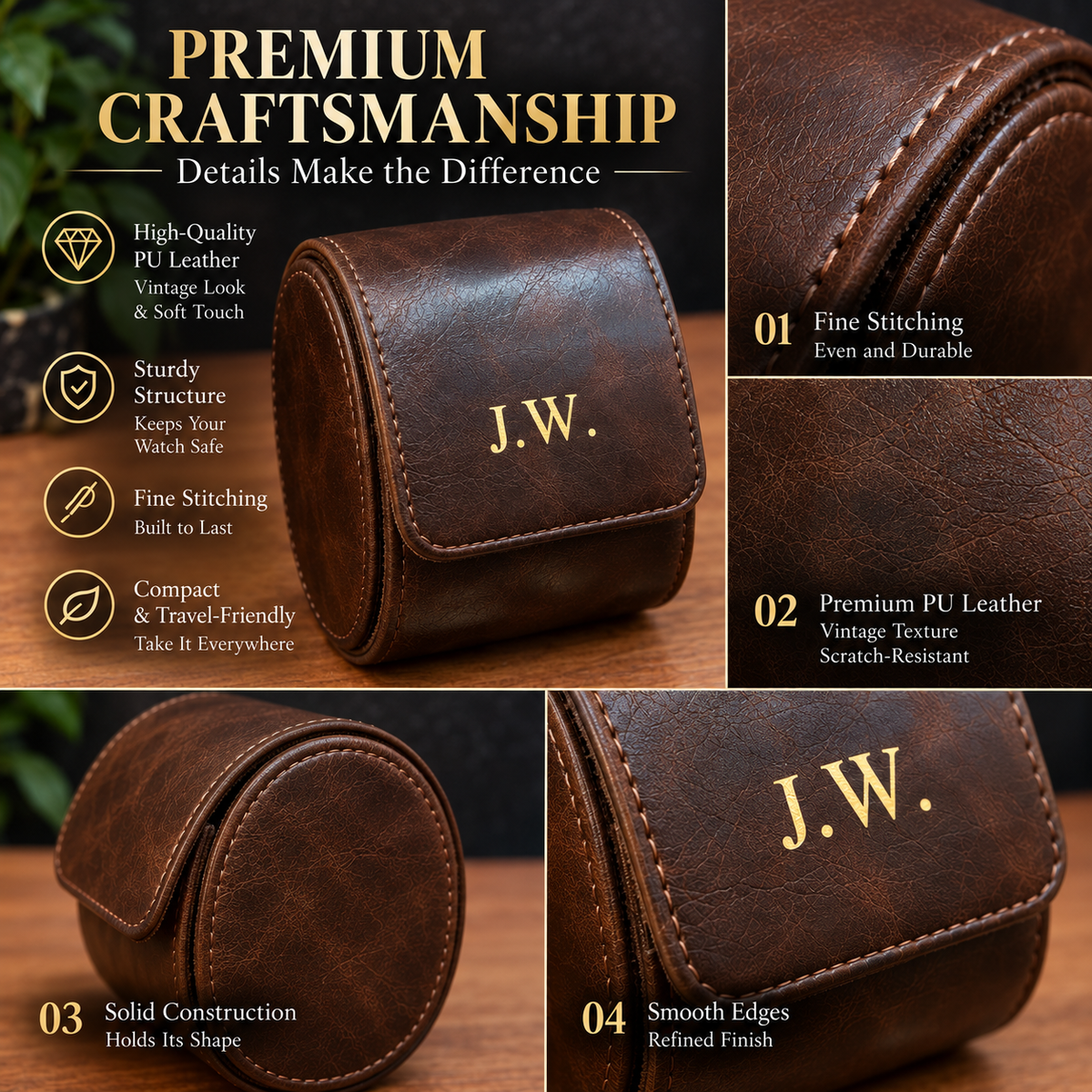 Personalized Brown Watch Case, 1-Slot Travel Watch Holder, Custom Gold Foil, Gift for Him