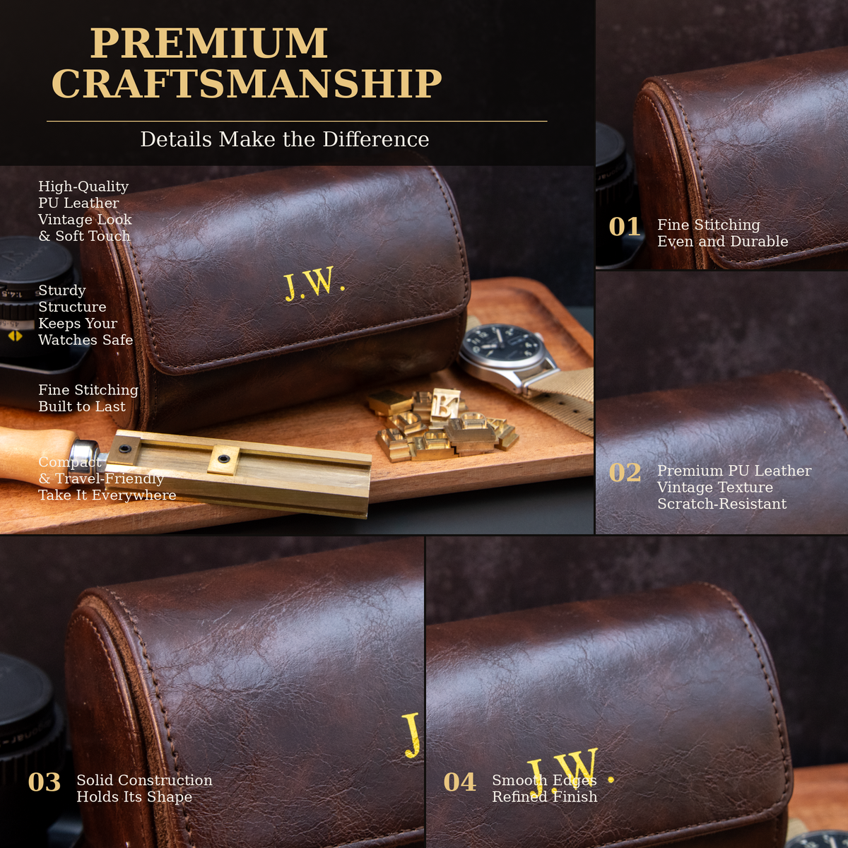 Personalized Brown Double Watch Case, 2-Slot Travel Watch Holder, Custom Gold Foil, Gift for Him