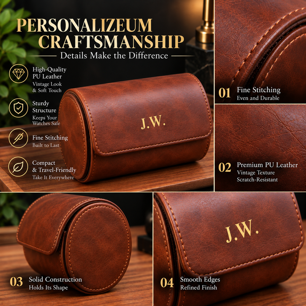 Personalized Reddish Brown Double Watch Case, 2-Slot Travel Watch Holder, Custom Gold Foil, Gift for Him