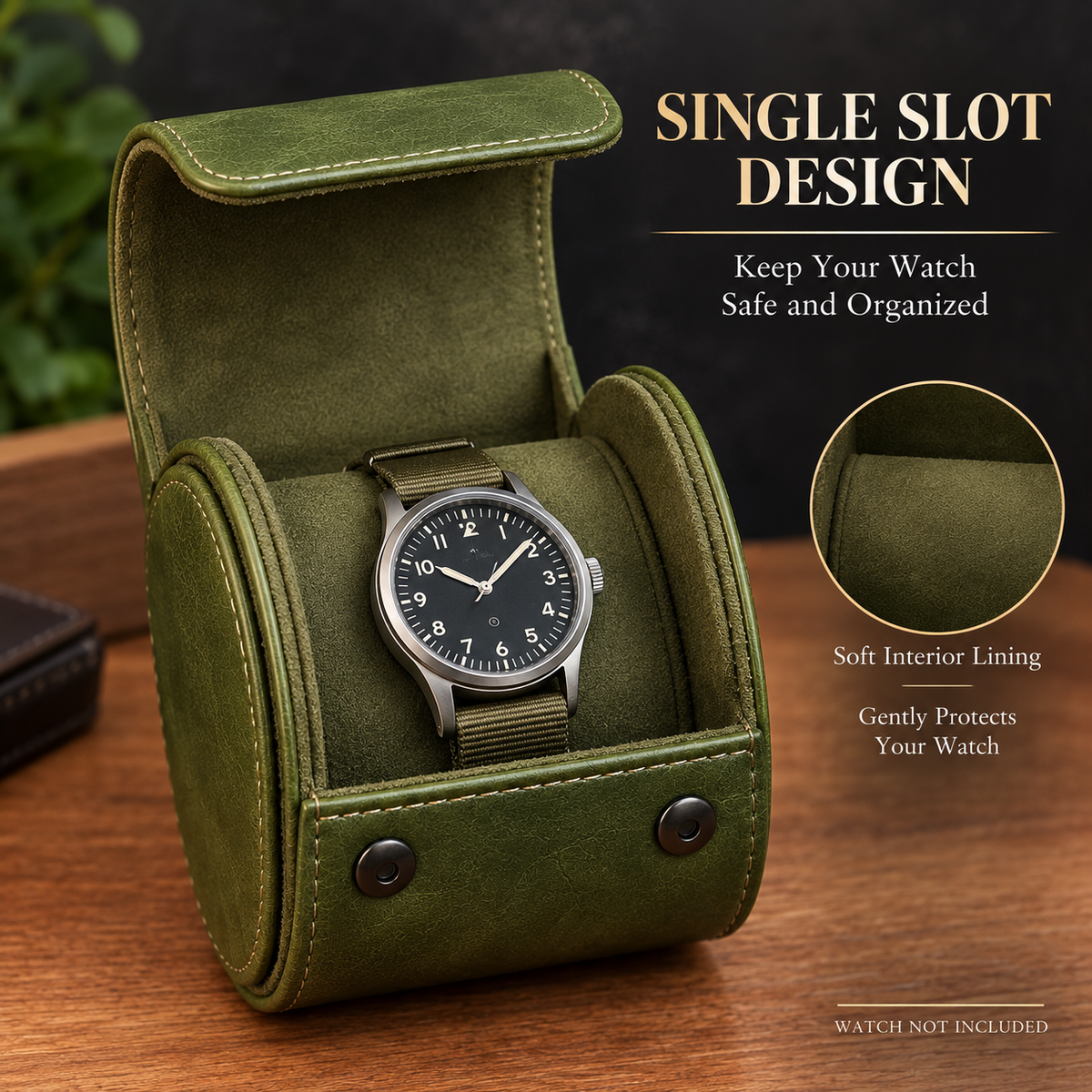 Personalized Green Watch Case, 1-Slot Travel Watch Holder, Custom Gold Foil, Gift for Him