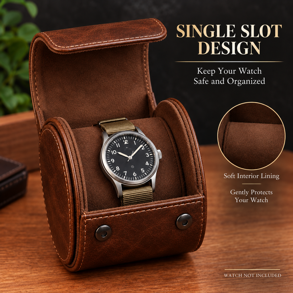 Personalized Brown Watch Case, 1-Slot Travel Watch Holder, Custom Gold Foil, Gift for Him