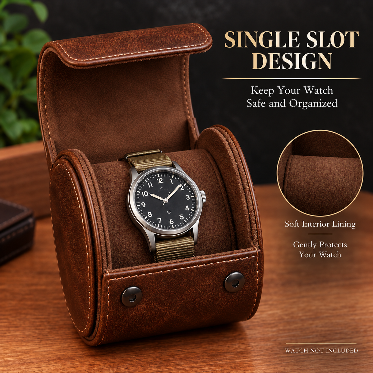 Personalized Brown Watch Case, 1-Slot Travel Watch Holder, Custom Gold Foil, Gift for Him