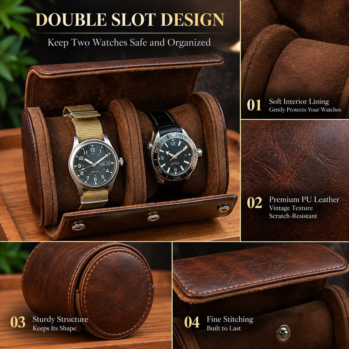 Personalized Brown Double Watch Case, 2-Slot Travel Watch Holder, Custom Gold Foil, Gift for Him