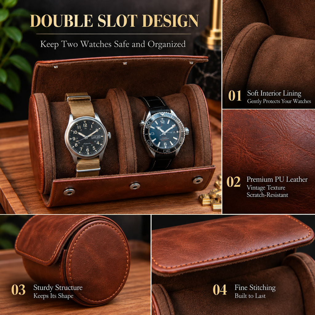 Personalized Reddish Brown Double Watch Case, 2-Slot Travel Watch Holder, Custom Gold Foil, Gift for Him