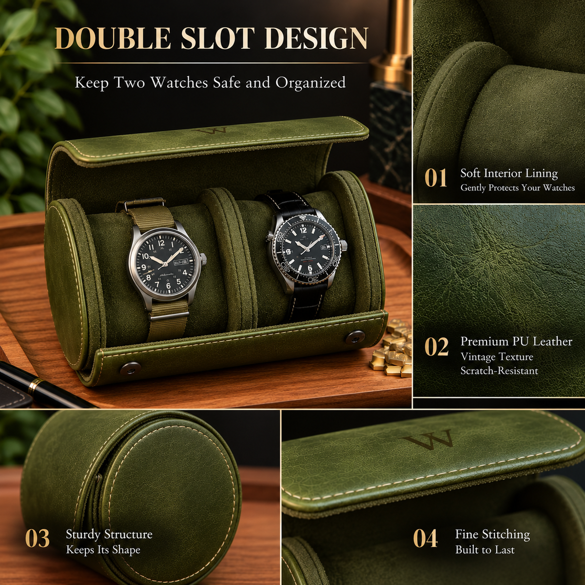 Personalized Green Double Watch Case, 2-Slot Travel Watch Holder, Custom Gold Foil, Gift for Him