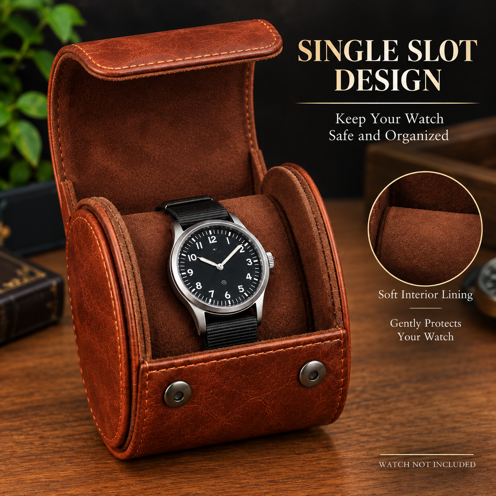 Personalized Reddish Brown Watch Case, 1-Slot Travel Watch Holder, Custom Gold Foil, Gift for Him