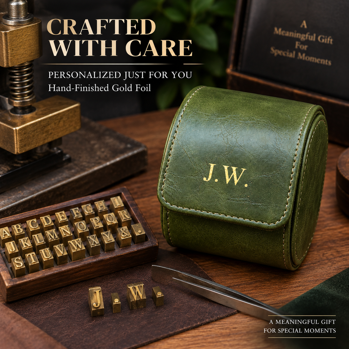 Personalized Green Watch Case, 1-Slot Travel Watch Holder, Custom Gold Foil, Gift for Him