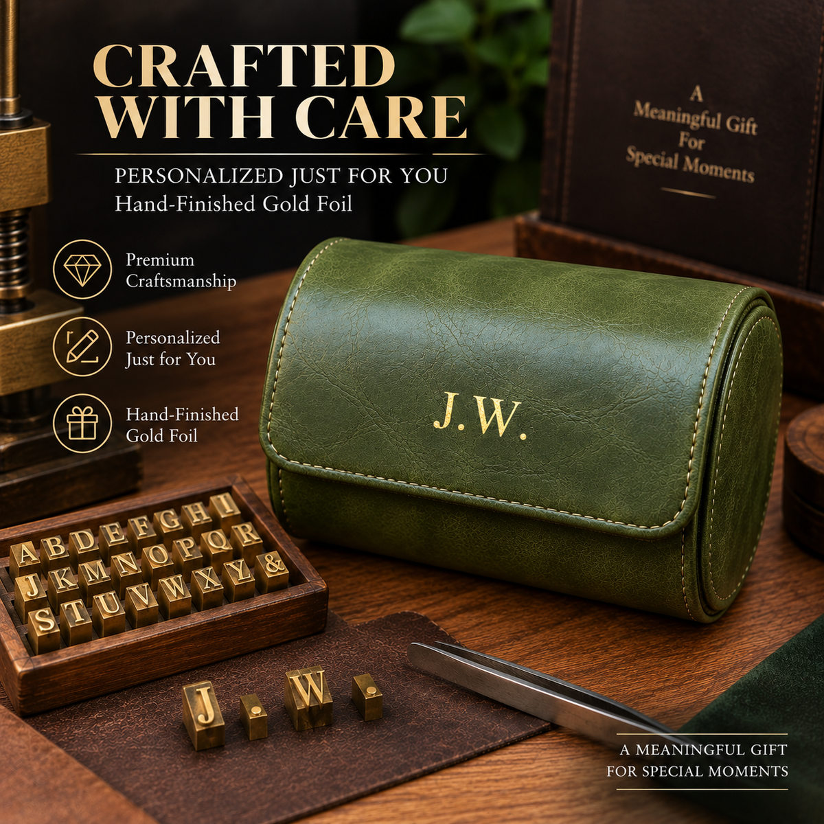 Personalized Green Double Watch Case, 2-Slot Travel Watch Holder, Custom Gold Foil, Gift for Him