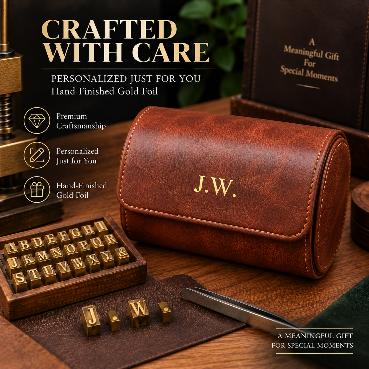 Personalized Reddish Brown Double Watch Case, 2-Slot Travel Watch Holder, Custom Gold Foil, Gift for Him