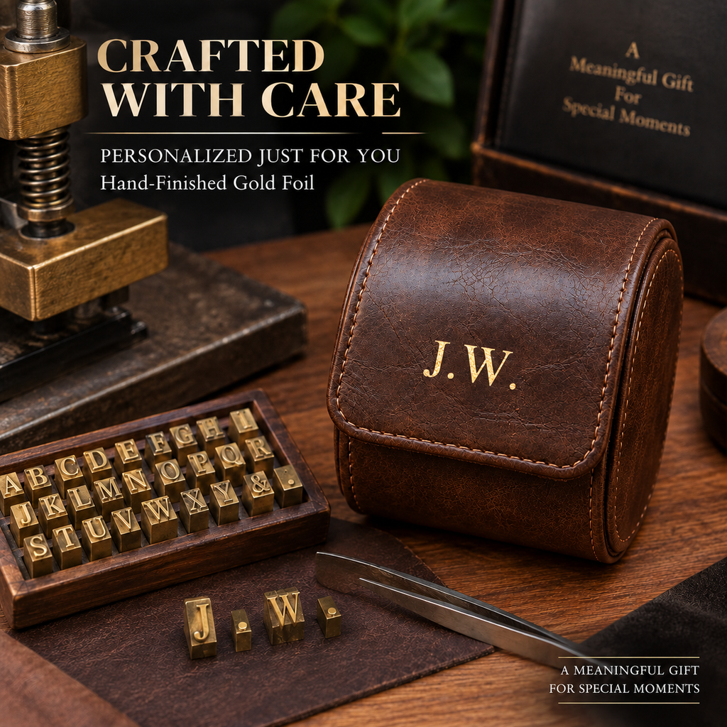 Personalized Brown Watch Case, 1-Slot Travel Watch Holder, Custom Gold Foil, Gift for Him