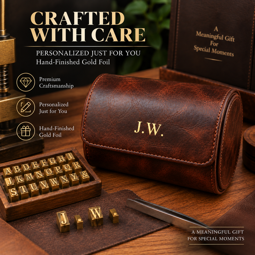Personalized Brown Double Watch Case, 2-Slot Travel Watch Holder, Custom Gold Foil, Gift for Him