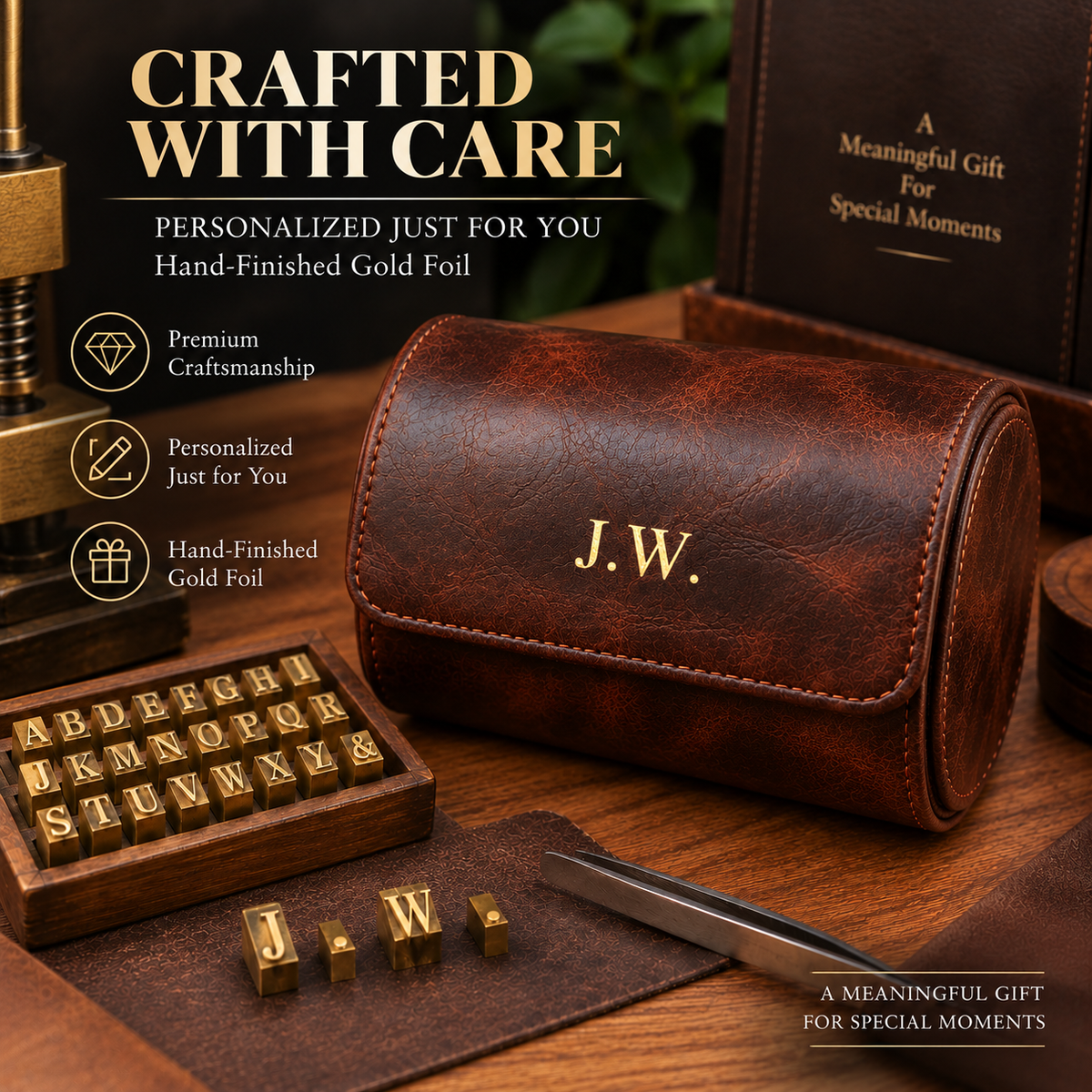 Personalized Brown Double Watch Case, 2-Slot Travel Watch Holder, Custom Gold Foil, Gift for Him