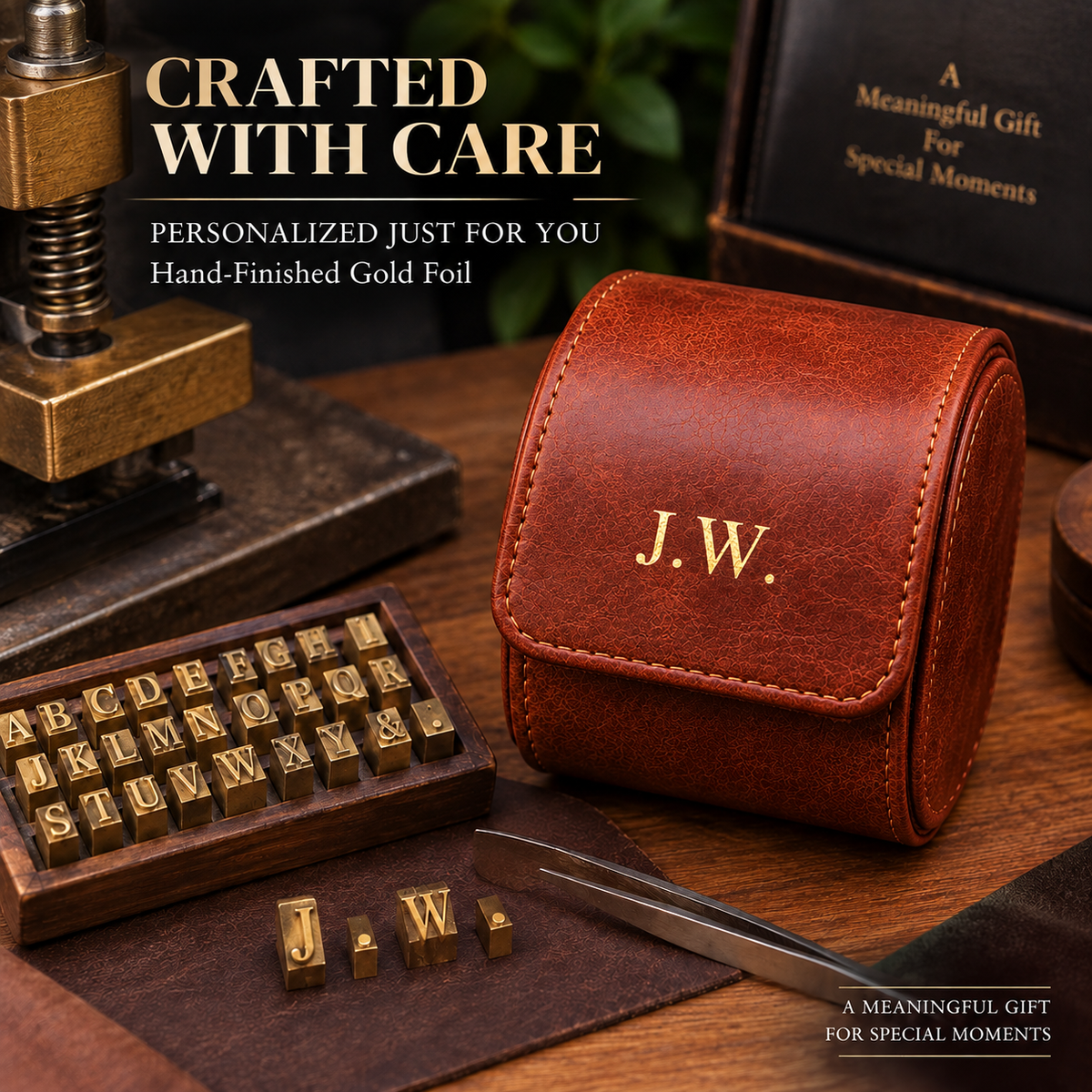 Personalized Reddish Brown Watch Case, 1-Slot Travel Watch Holder, Custom Gold Foil, Gift for Him