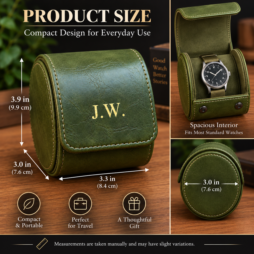 Personalized Green Watch Case, 1-Slot Travel Watch Holder, Custom Gold Foil, Gift for Him