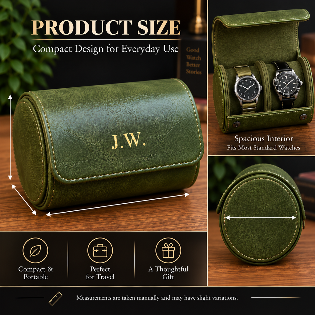 Personalized Green Double Watch Case, 2-Slot Travel Watch Holder, Custom Gold Foil, Gift for Him