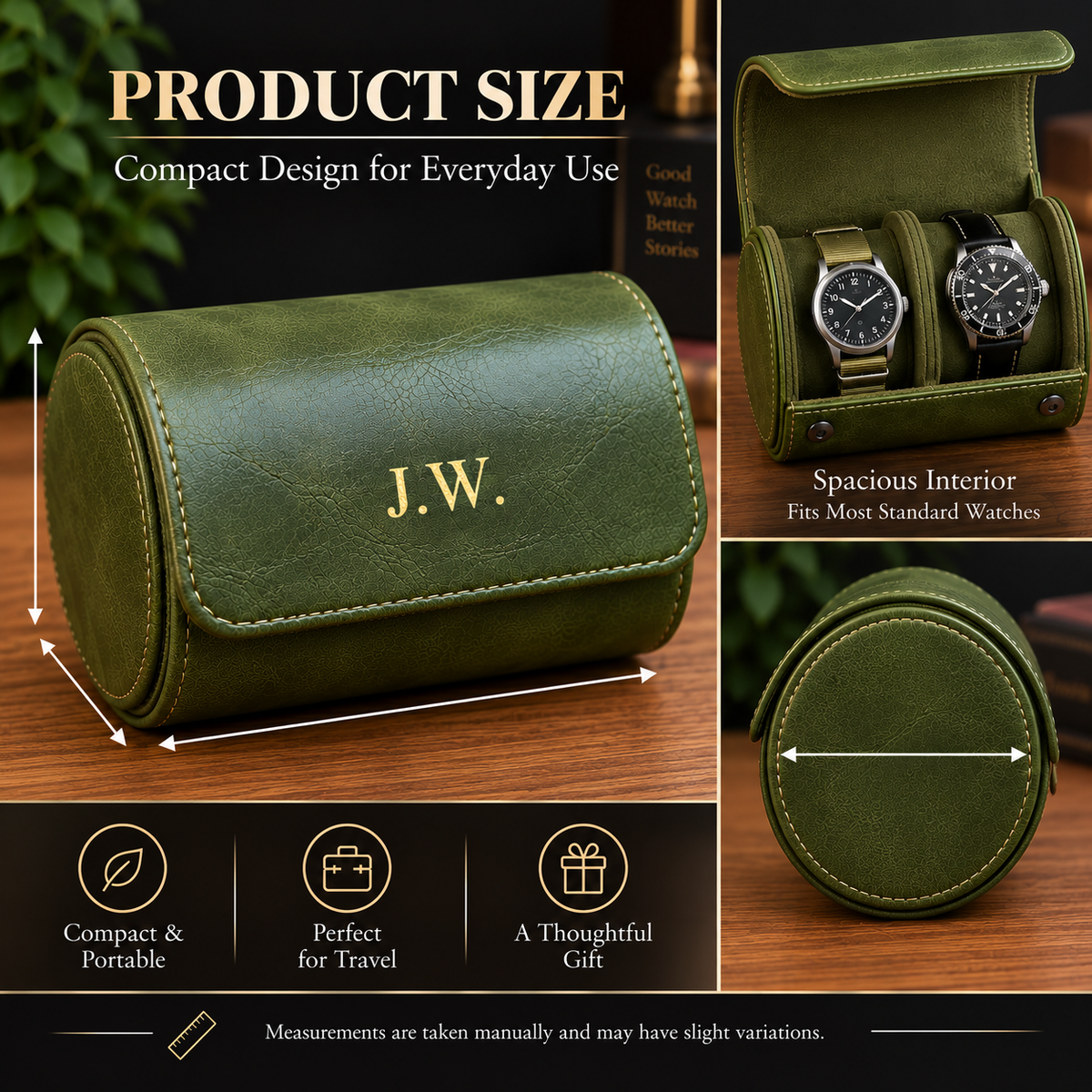 Personalized Green Double Watch Case, 2-Slot Travel Watch Holder, Custom Gold Foil, Gift for Him