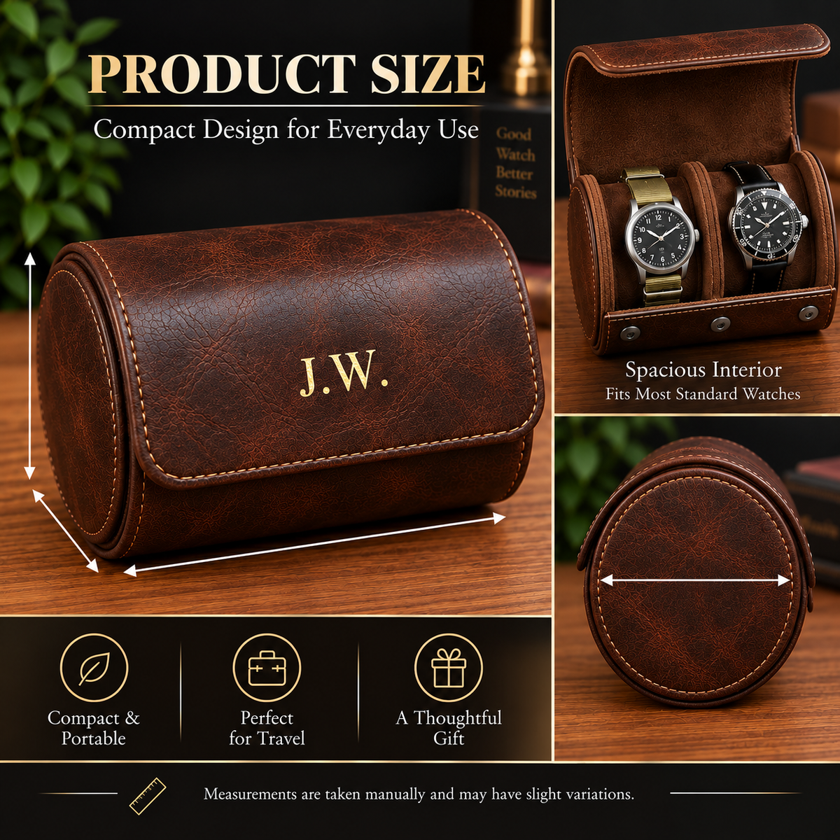Personalized Brown Double Watch Case, 2-Slot Travel Watch Holder, Custom Gold Foil, Gift for Him