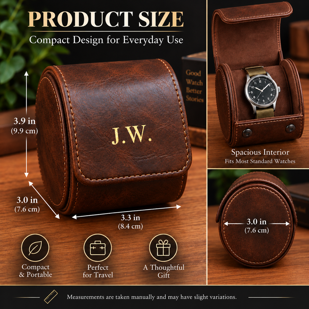 Personalized Brown Watch Case, 1-Slot Travel Watch Holder, Custom Gold Foil, Gift for Him