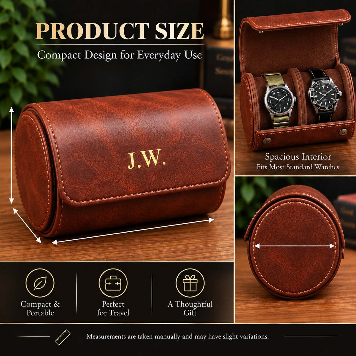 Personalized Reddish Brown Double Watch Case, 2-Slot Travel Watch Holder, Custom Gold Foil, Gift for Him