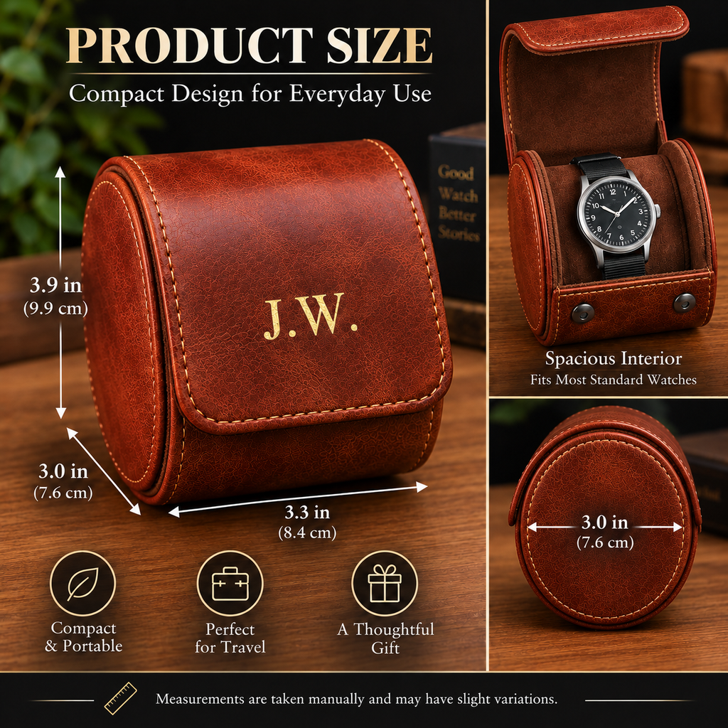 Personalized Reddish Brown Watch Case, 1-Slot Travel Watch Holder, Custom Gold Foil, Gift for Him