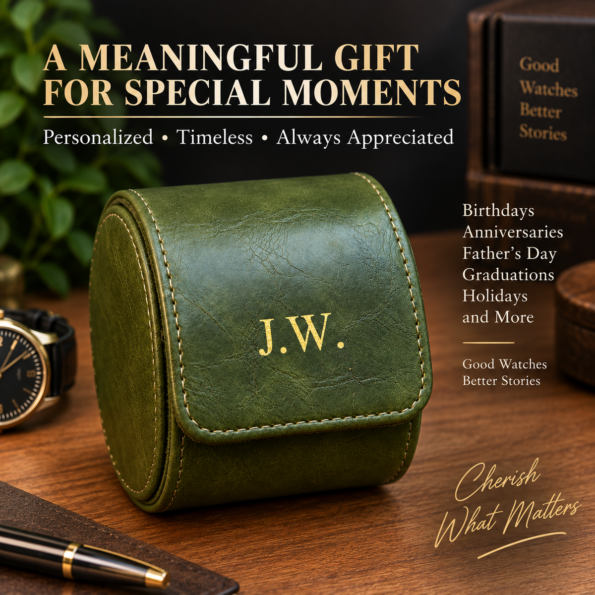 Personalized Green Watch Case, 1-Slot Travel Watch Holder, Custom Gold Foil, Gift for Him