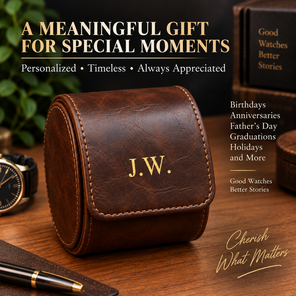 Personalized Brown Watch Case, 1-Slot Travel Watch Holder, Custom Gold Foil, Gift for Him