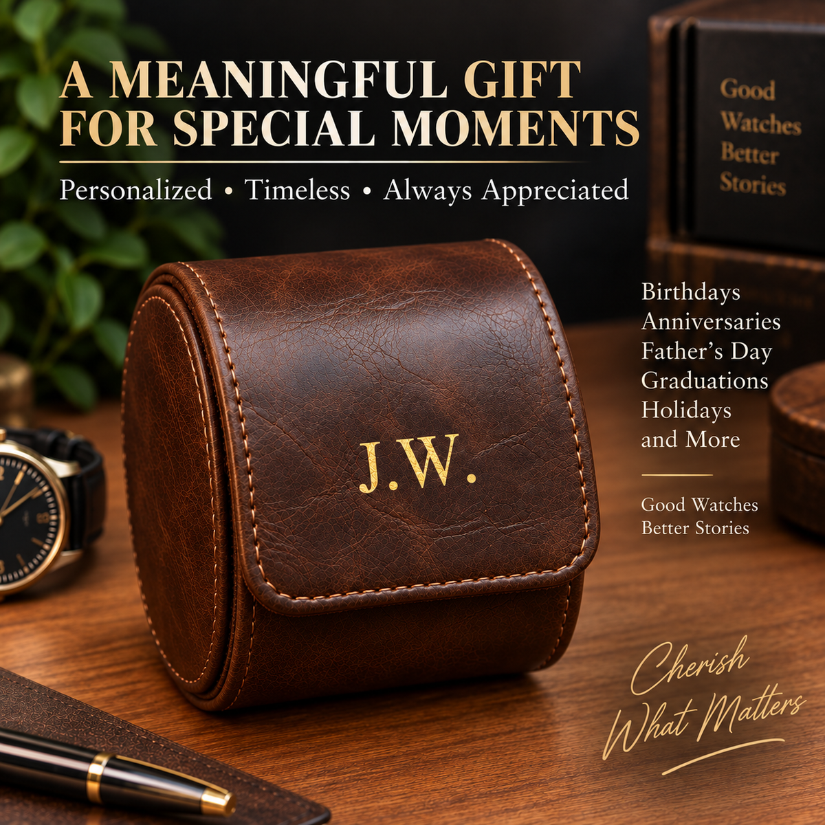 Personalized Brown Watch Case, 1-Slot Travel Watch Holder, Custom Gold Foil, Gift for Him