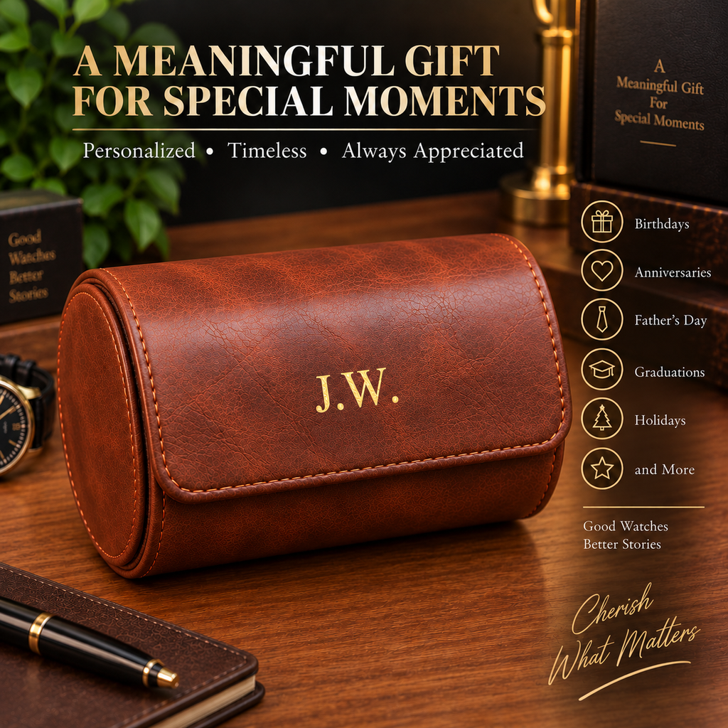 Personalized Reddish Brown Double Watch Case, 2-Slot Travel Watch Holder, Custom Gold Foil, Gift for Him