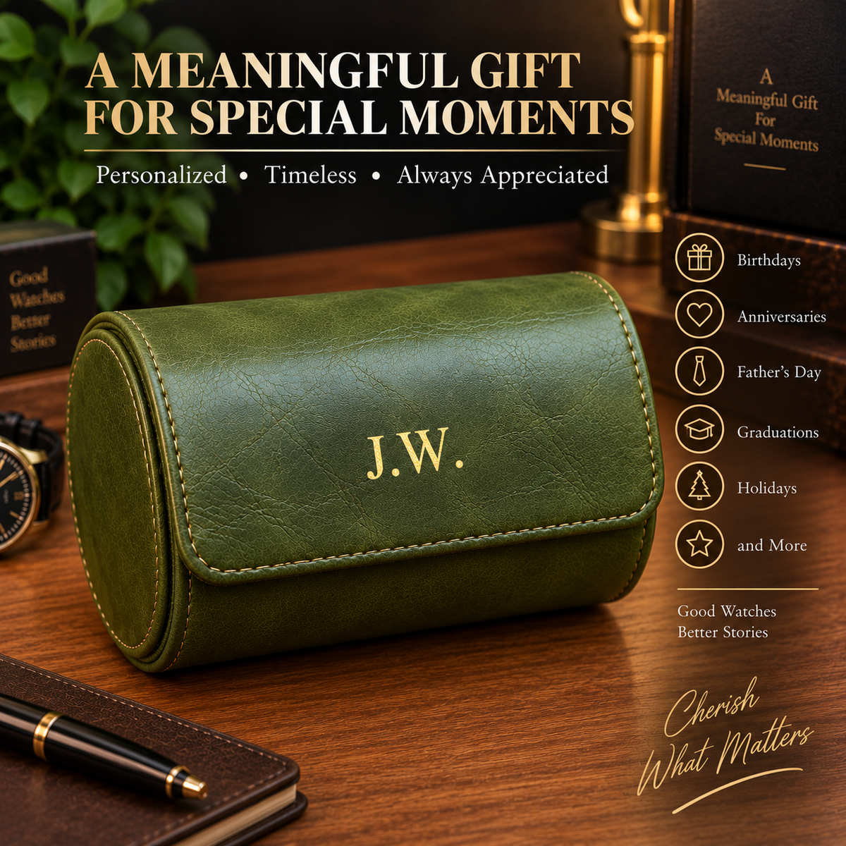Personalized Green Double Watch Case, 2-Slot Travel Watch Holder, Custom Gold Foil, Gift for Him