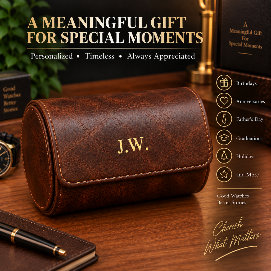 Personalized Brown Double Watch Case, 2-Slot Travel Watch Holder, Custom Gold Foil, Gift for Him