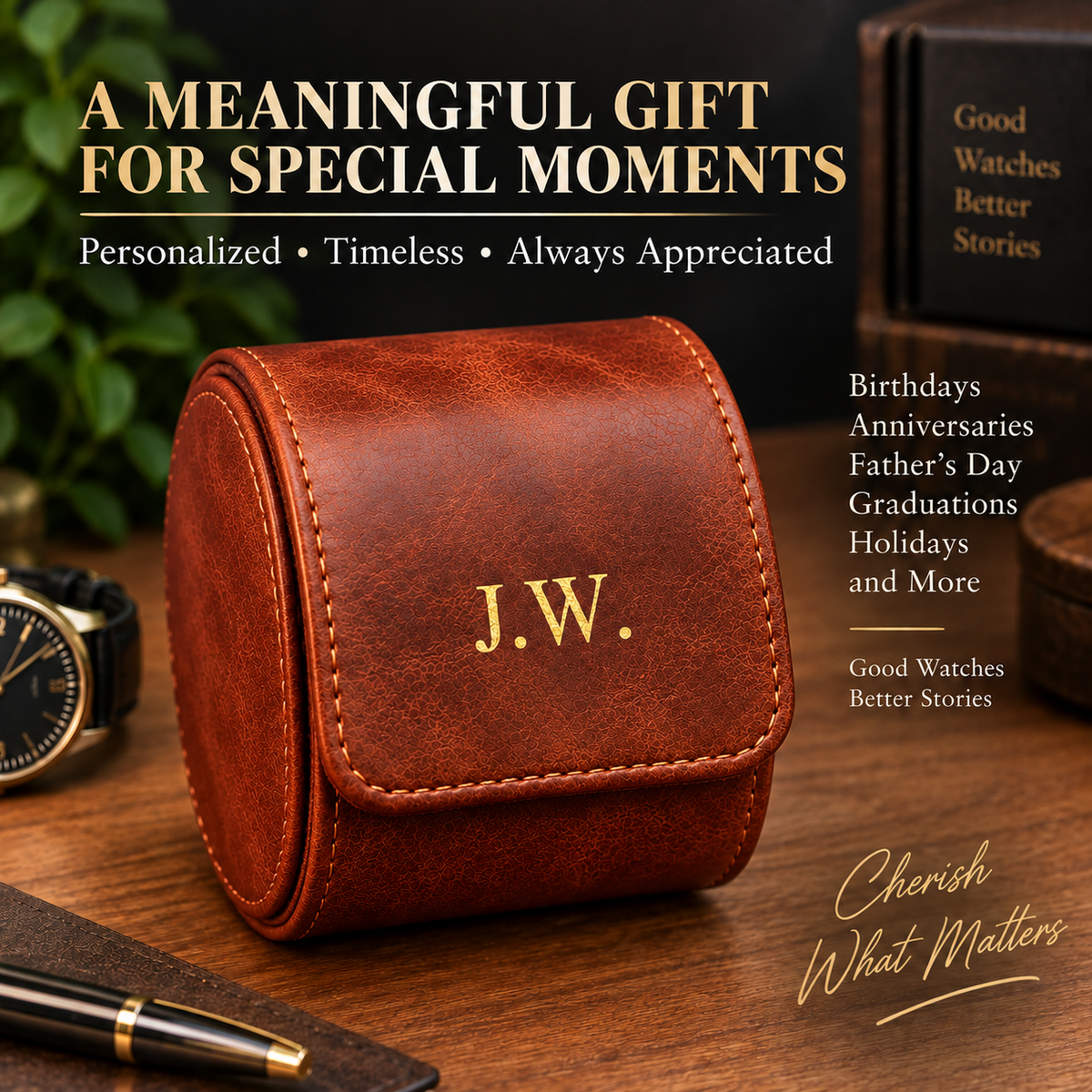 Personalized Reddish Brown Watch Case, 1-Slot Travel Watch Holder, Custom Gold Foil, Gift for Him