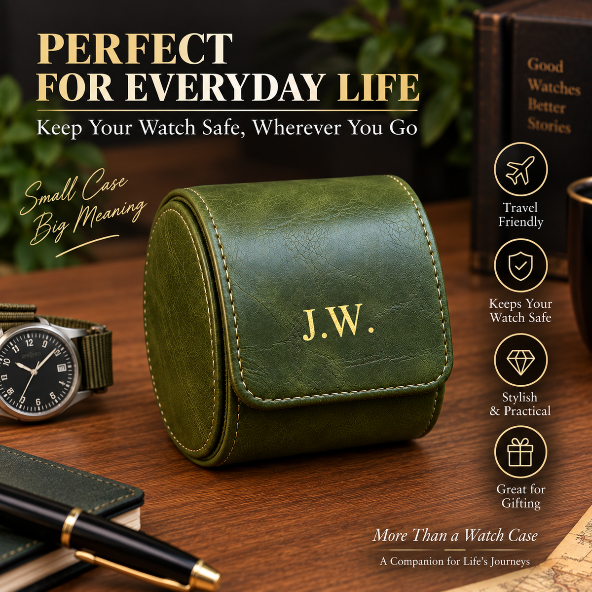 Personalized Green Watch Case, 1-Slot Travel Watch Holder, Custom Gold Foil, Gift for Him